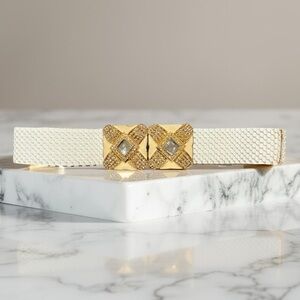 [M/L] Vintage Belt White Scale Stretch with Gold Rhinestone Buckle 80s 90s